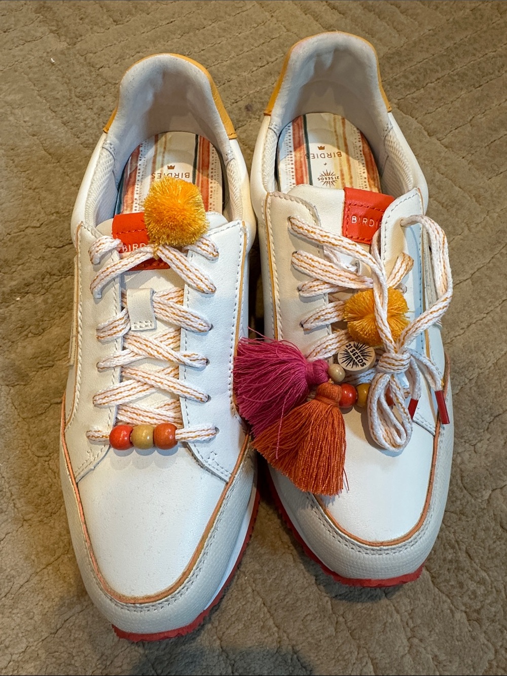 New size 9 Birdies White Leather Sneakers with Orange and Pink Tassel
